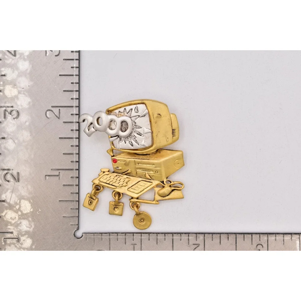 Danecraft Y2K 2000 Computer Brooch Gold Silver Dangle Charm Pin NOS 90s PinA25